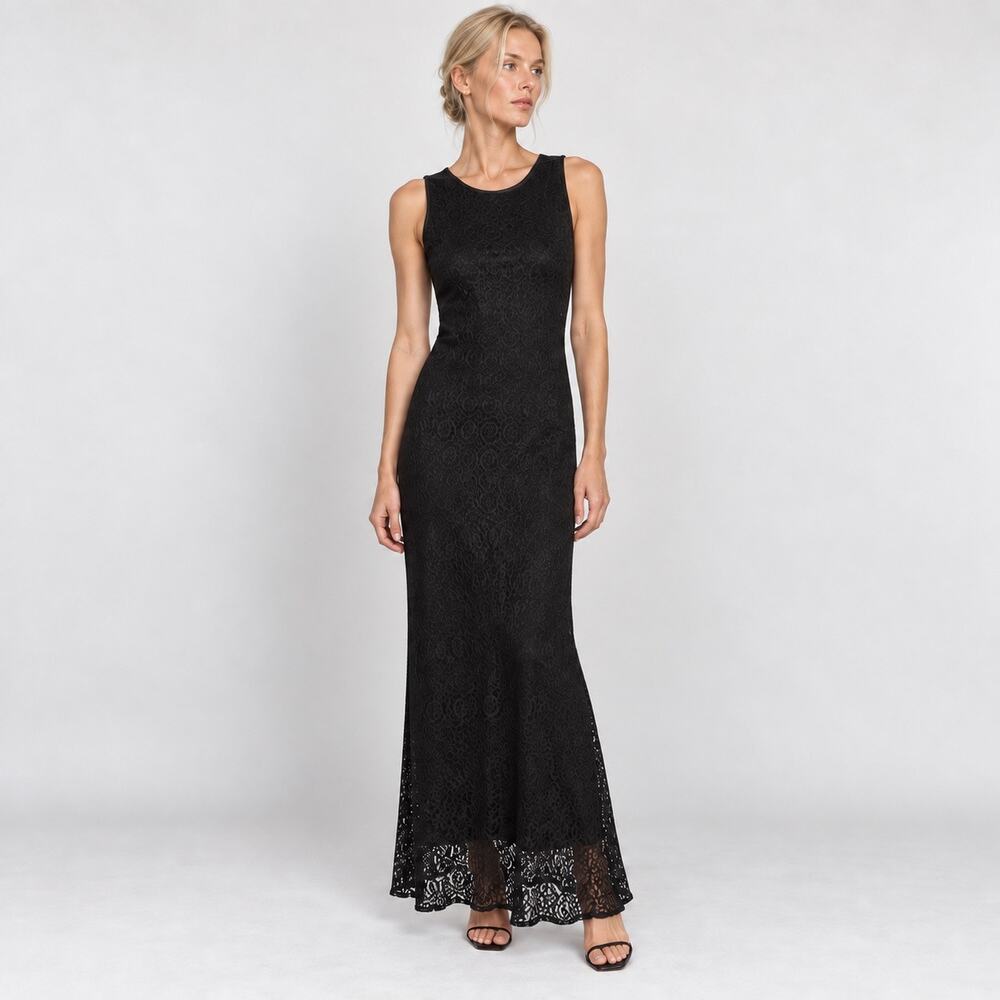 Vintage 90s Dawn Joy Black Lace Maxi Dress Minimalist Evening Gown S